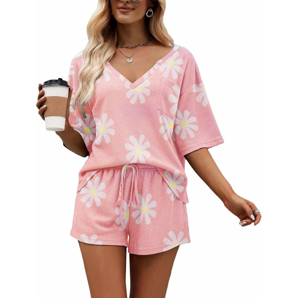 imageEkouaer Women Pajama Sets Waffle Knit Lounge Sets Short Sleeves Crop Top 2 Piece Pj Shorts Set