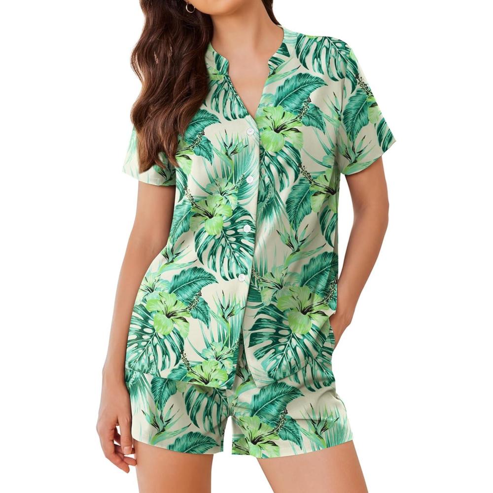imageEkouaer Women Pajamas Set Button Down Printed Pj Lounge Sets Soft Loose Loungewear Sleepwear