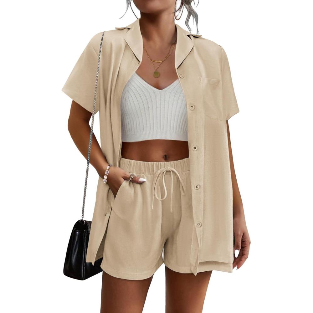 imageEkouaer Womens 2 Piece Lounge Set Short Sleeve Button Down Shirt Vacation Outfits Casual Loungewear with Pockets