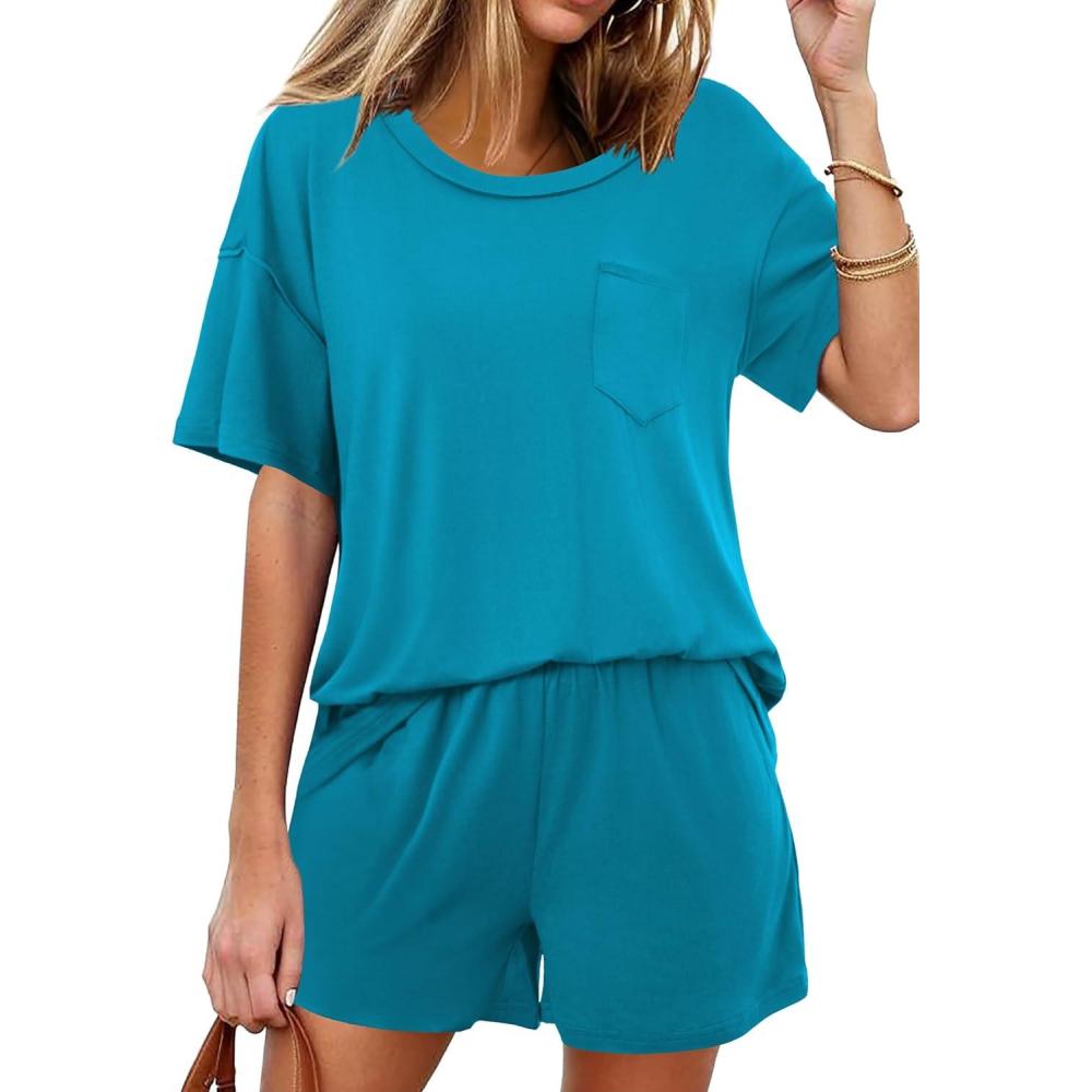 imageEkouaer Womens 2 Piece Pajama Sets Short Sleeve Lounge Sets Soft Round Neck Top and Shorts SleepwearBlue Green