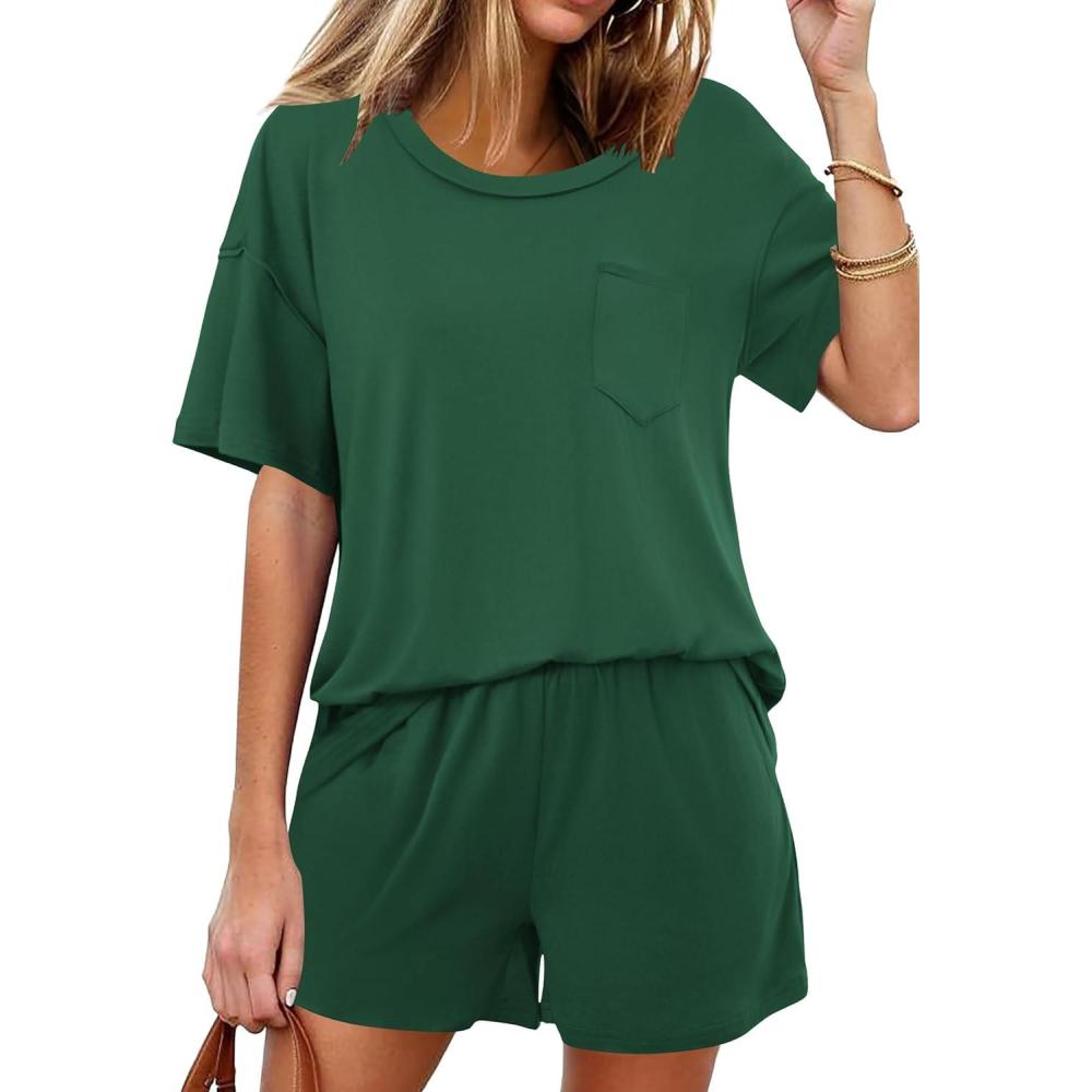 imageEkouaer Womens 2 Piece Pajama Sets Short Sleeve Lounge Sets Soft Round Neck Top and Shorts SleepwearBright Green
