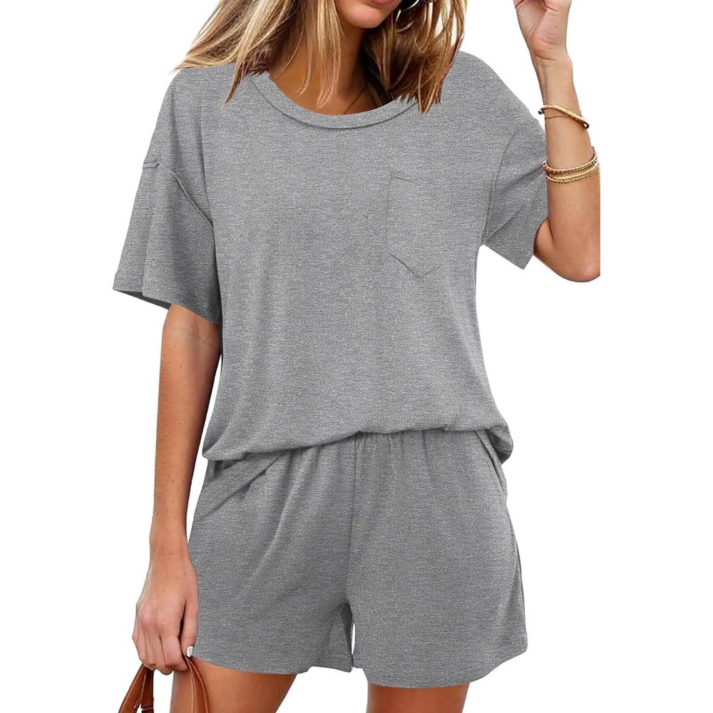 imageEkouaer Womens 2 Piece Pajama Sets Short Sleeve Lounge Sets Soft Round Neck Top and Shorts SleepwearGrey