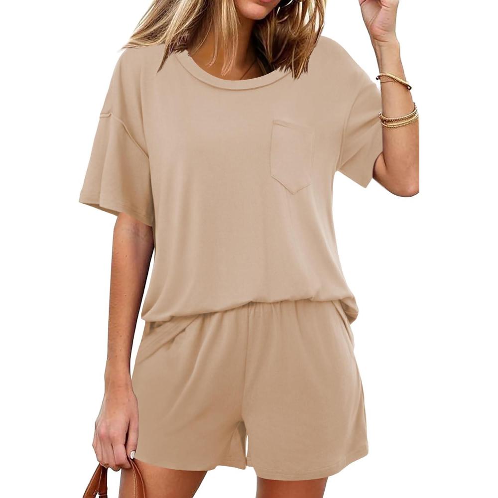 imageEkouaer Womens 2 Piece Pajama Sets Short Sleeve Lounge Sets Soft Round Neck Top and Shorts SleepwearKhaki