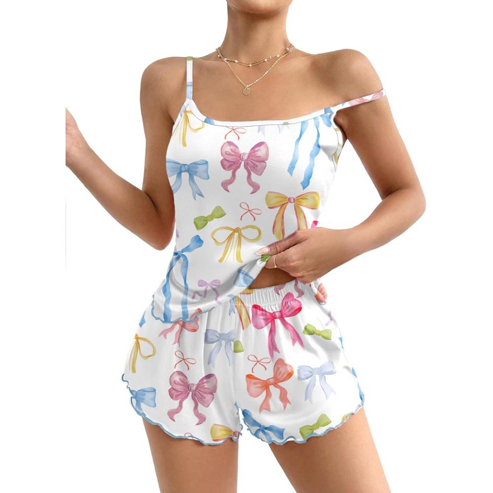 imageEkouaer Womens Cami Pajama Sets 2 Piece Cute Print Pjs Soft Tank Top amp Elastic Waist Shorts Camisole Lounge SetColorful Bows
