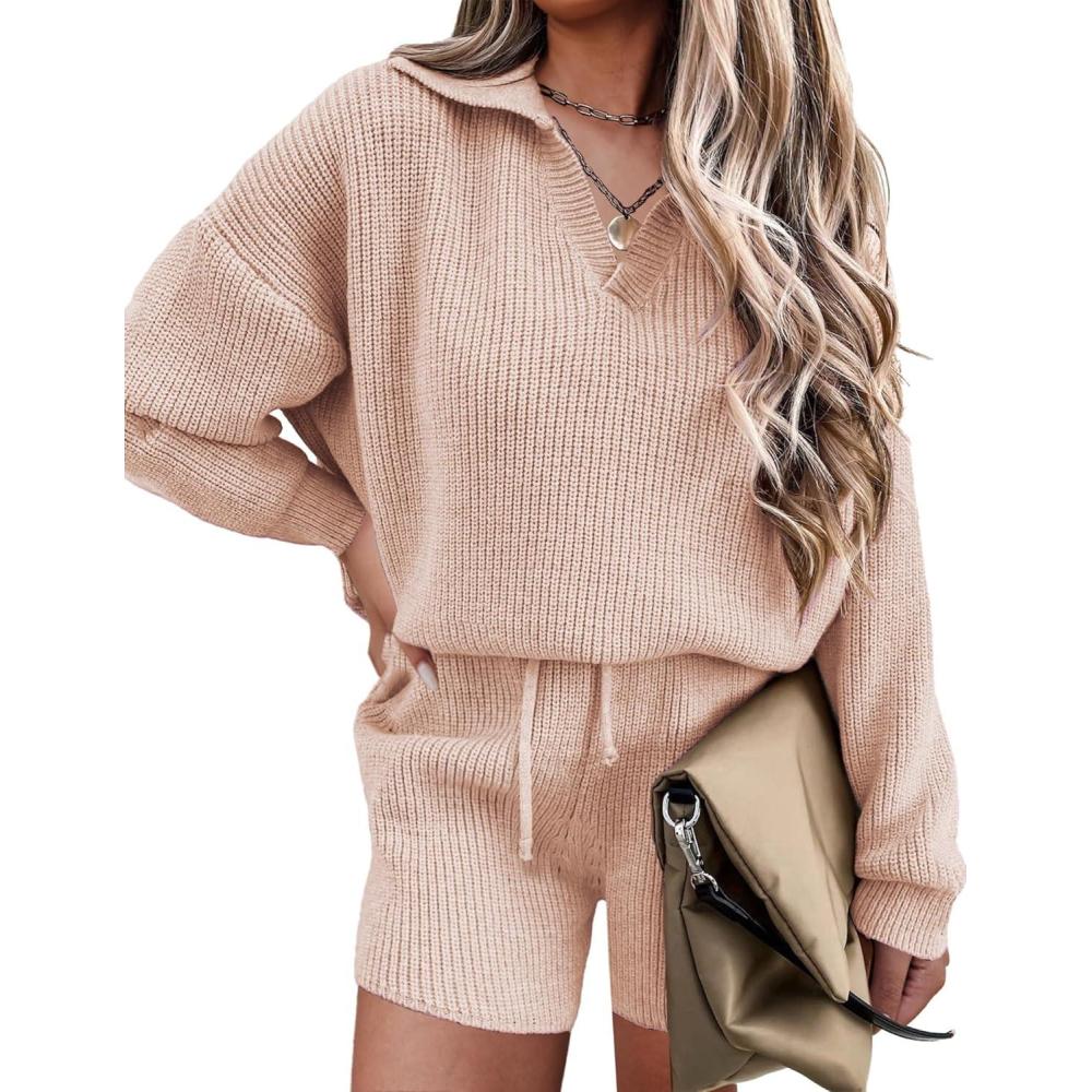 imageEkouaer Womens Pajama Set 2 Piece Knit Set Casual Lounge Set V Neck Pj Set Pullover and Shorts Sweater
