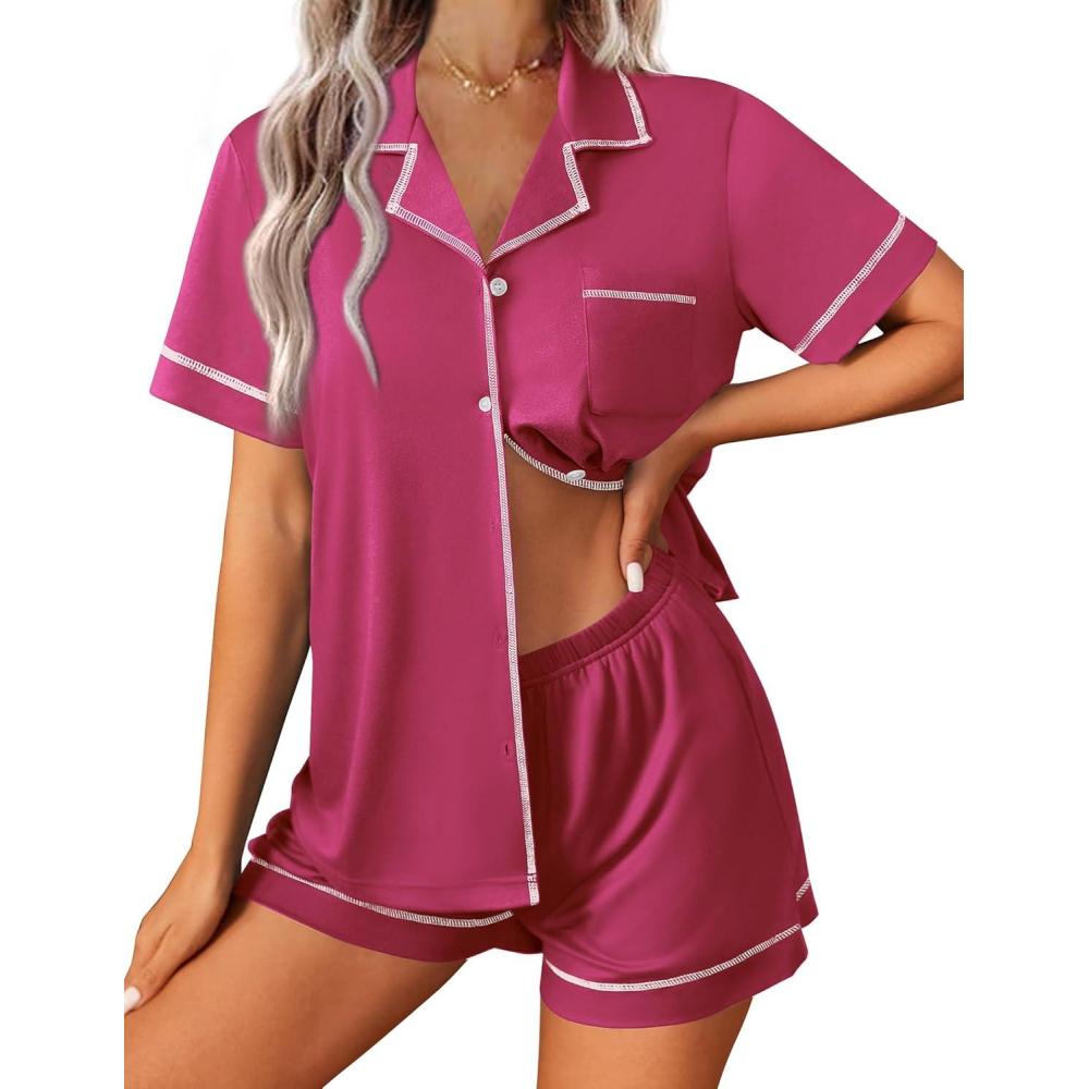 imageEkouaer Womens Pajama Set Button Down Sleepwear Short Sleeve Pjs Top and Short with Pocket Soft Lounge SetRose Red