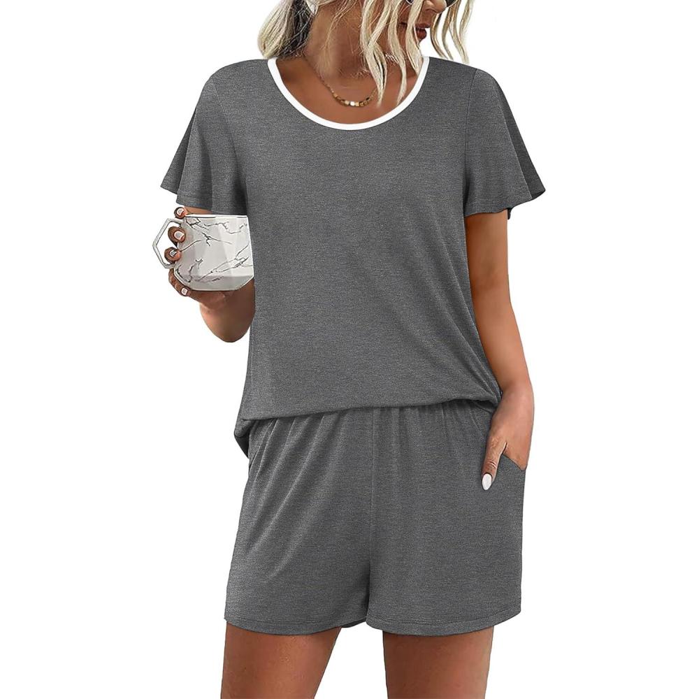 imageEkouaer Womens Pajama Set Summer Short Sleeve Pjs Sleepwear Cute 2 Piece Lounge Sets SXXLDeep Floral Gray