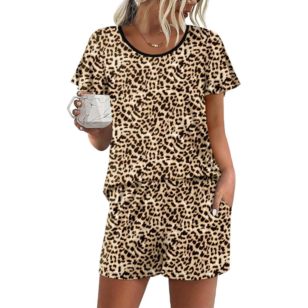 imageEkouaer Womens Pajama Set Summer Short Sleeve Pjs Sleepwear Cute 2 Piece Lounge Sets SXXLLeopard