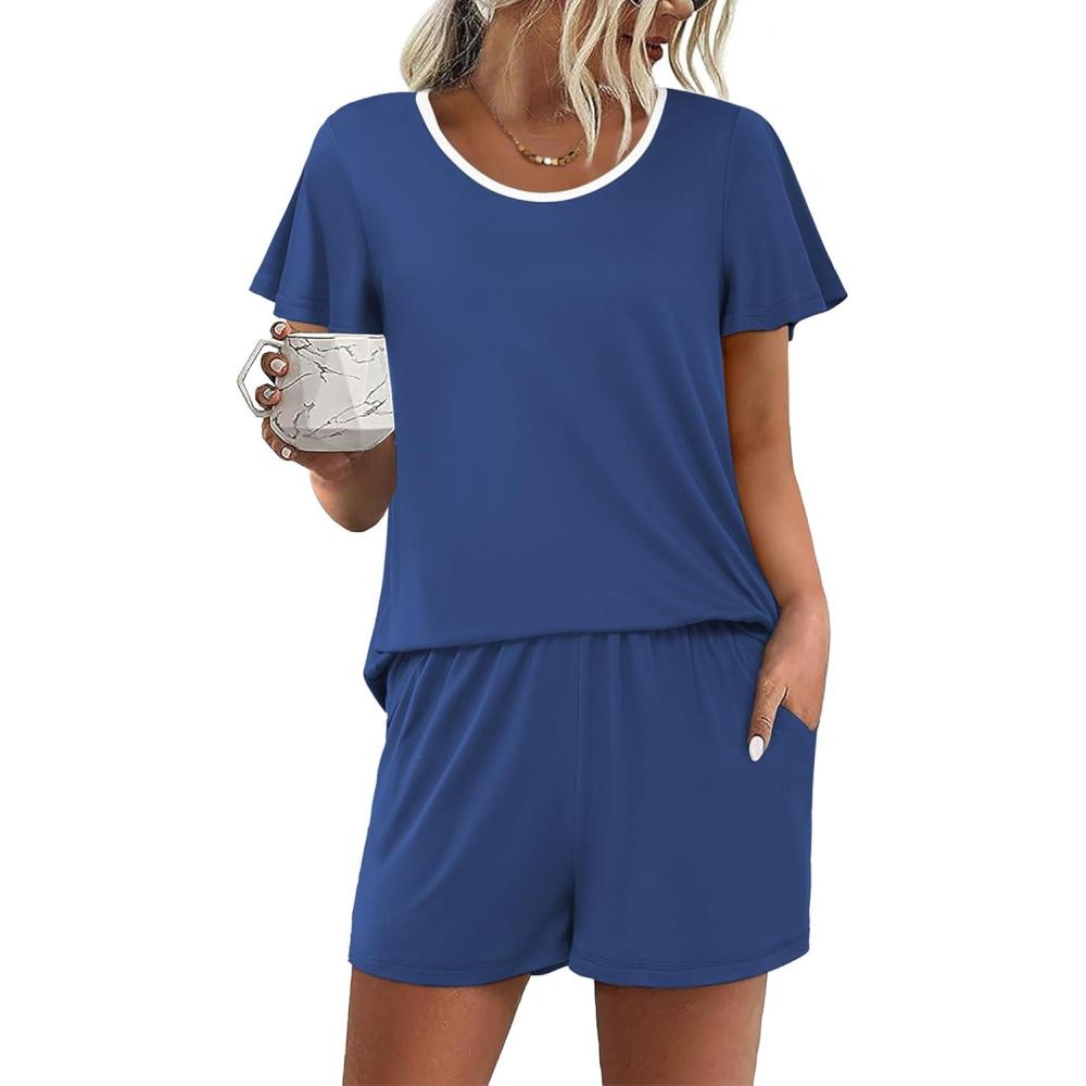imageEkouaer Womens Pajama Set Summer Short Sleeve Pjs Sleepwear Cute 2 Piece Lounge Sets SXXLNavy