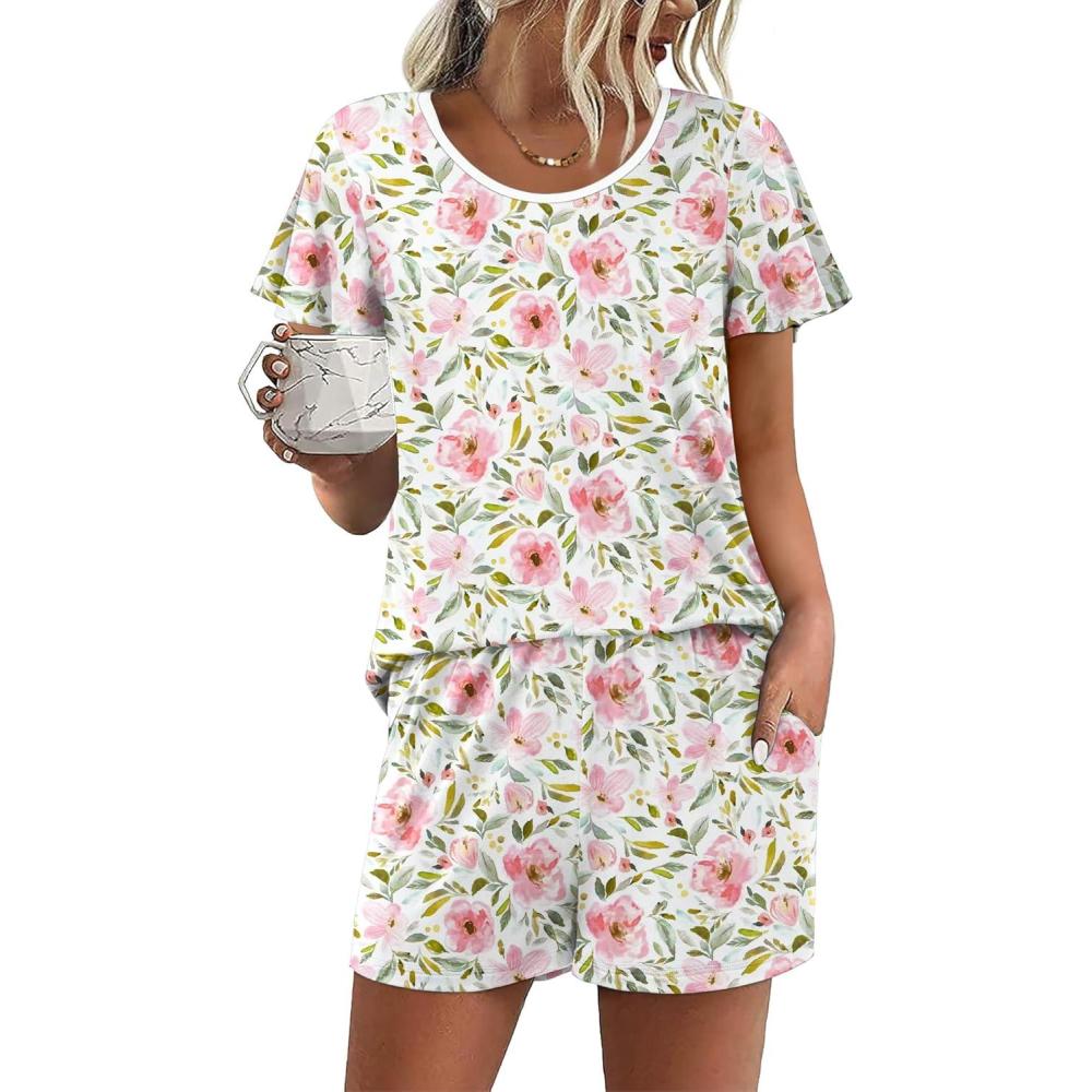 imageEkouaer Womens Pajama Set Summer Short Sleeve Pjs Sleepwear Cute 2 Piece Lounge Sets SXXLPink Floral