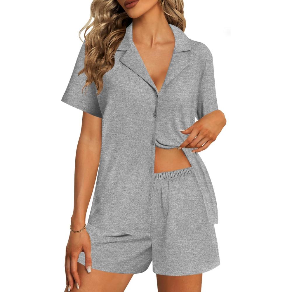 imageEkouaer Womens Pajama Sets 2 Piece Cotton Pjs Button Down Sleepwear Short Sleeve Lounge Set with PocketsLight Grey