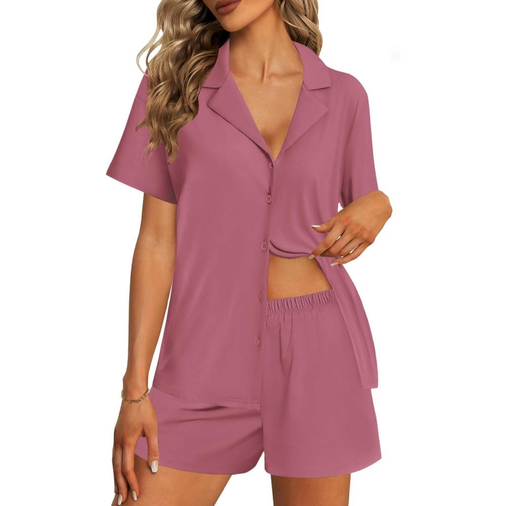 imageEkouaer Womens Pajama Sets 2 Piece Cotton Pjs Button Down Sleepwear Short Sleeve Lounge Set with PocketsRose Pink