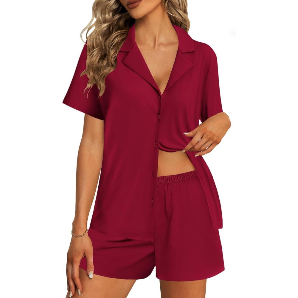 imageEkouaer Womens Pajama Sets 2 Piece Cotton Pjs Button Down Sleepwear Short Sleeve Lounge Set with PocketsWine Red