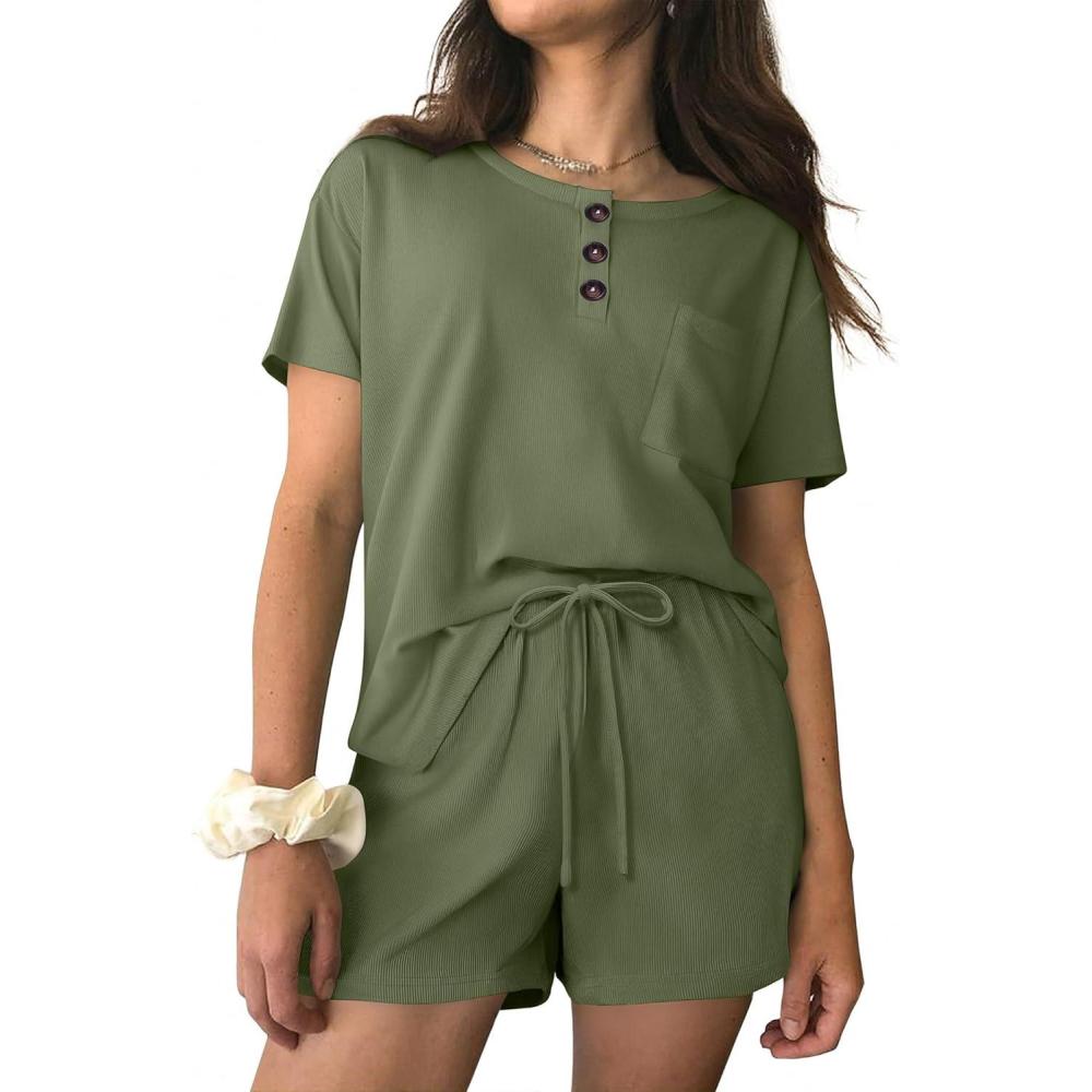 imageEkouaer Womens Pajama Sets 2 Piece Ribbed Knit Pjs Short Sleeve Soft Sleepwear Summer Lounge SetsArmy Green