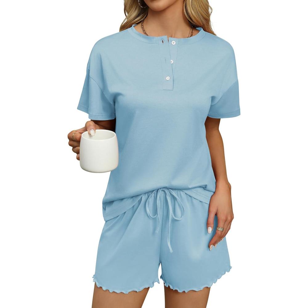 imageEkouaer Womens Pajama Sets 2 Piece Ribbed Knit Pjs Short Sleeve Soft Sleepwear Summer Lounge SetsClear Blue