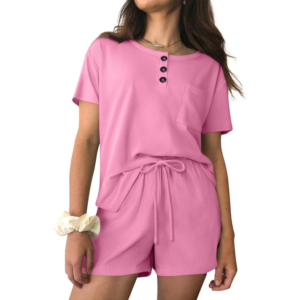 imageEkouaer Womens Pajama Sets 2 Piece Ribbed Knit Pjs Short Sleeve Soft Sleepwear Summer Lounge SetsHot Pink
