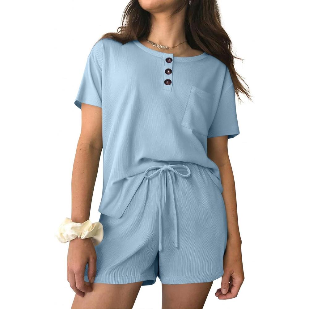imageEkouaer Womens Pajama Sets 2 Piece Ribbed Knit Pjs Short Sleeve Soft Sleepwear Summer Lounge SetsLight Blue