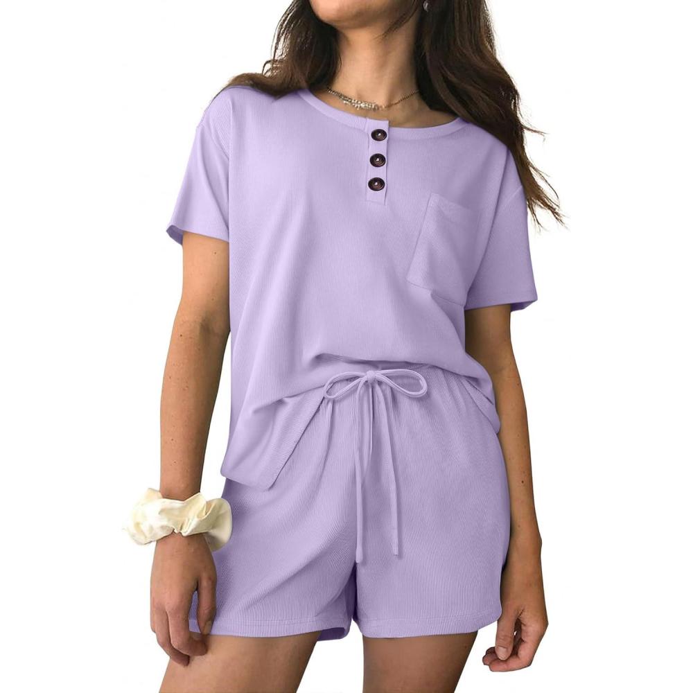 imageEkouaer Womens Pajama Sets 2 Piece Ribbed Knit Pjs Short Sleeve Soft Sleepwear Summer Lounge SetsPurple