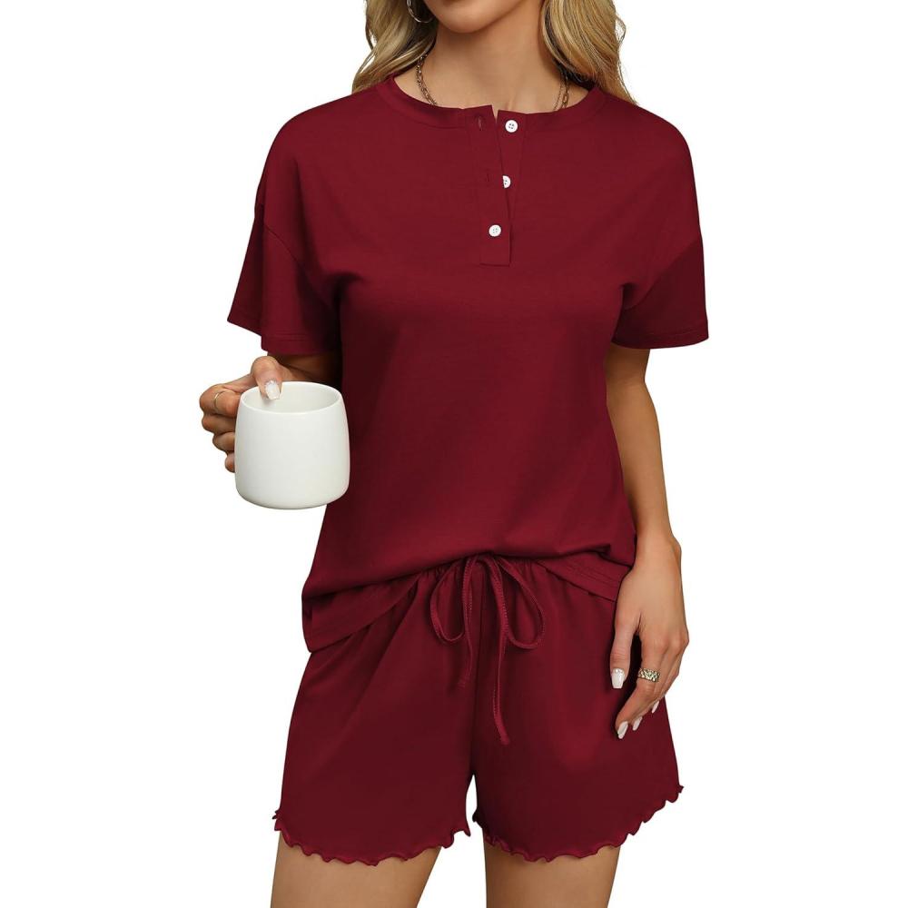 imageEkouaer Womens Pajama Sets 2 Piece Ribbed Knit Pjs Short Sleeve Soft Sleepwear Summer Lounge SetsWine Red