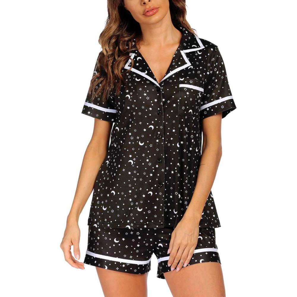 imageEkouaer Womens Pajama Sets 2 Piece Short Sleeve Button Down Tops and Pants Pj Set V Neck Sleepwear Loungewear Chest PocketBlack Star