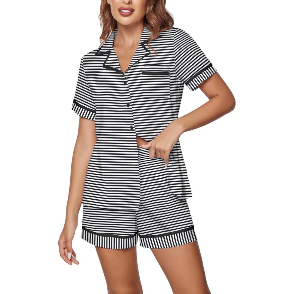 imageEkouaer Womens Pajama Sets 2 Piece Short Sleeve Button Down Tops and Pants Pj Set V Neck Sleepwear Loungewear Chest PocketDark Blue Stripes