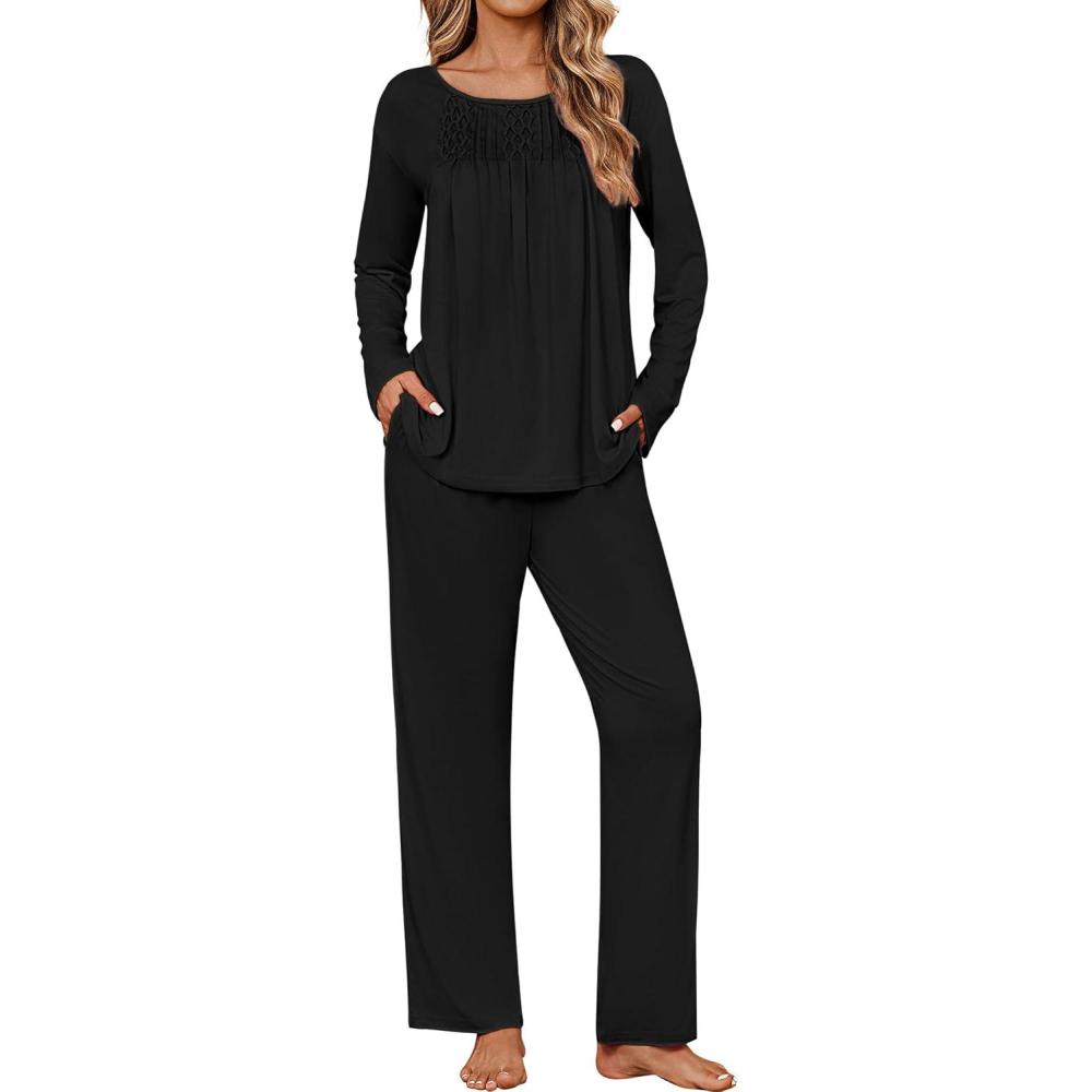 imageEkouaer Womens Pajama Sets Fall Long Sleeve Pajamas for Women Trendy Pleated Pjs Sets Comfy 2 Piece Lounge Set with PocketsBlack