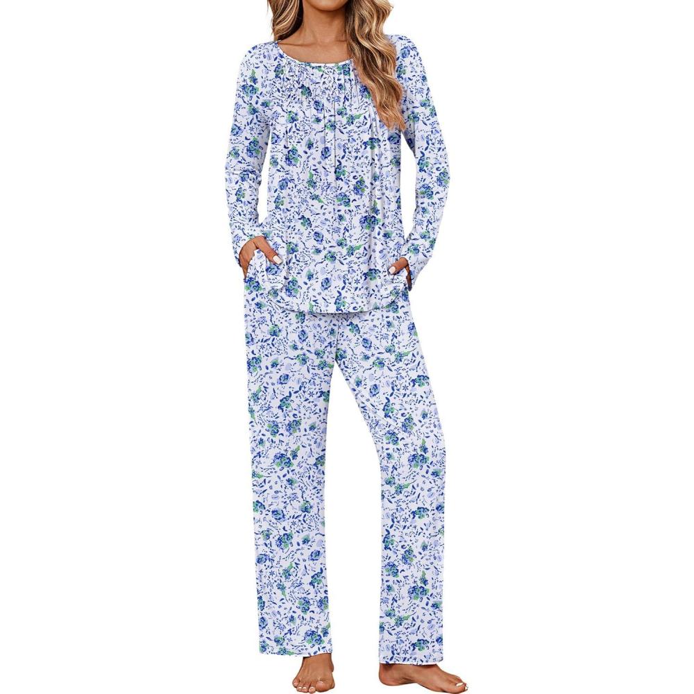 imageEkouaer Womens Pajama Sets Fall Long Sleeve Pajamas for Women Trendy Pleated Pjs Sets Comfy 2 Piece Lounge Set with PocketsBlue Flower