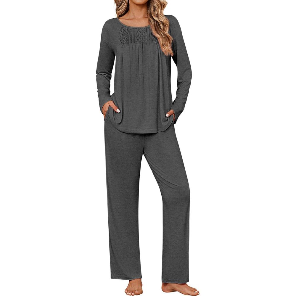 imageEkouaer Womens Pajama Sets Fall Long Sleeve Pajamas for Women Trendy Pleated Pjs Sets Comfy 2 Piece Lounge Set with PocketsDeep Grey