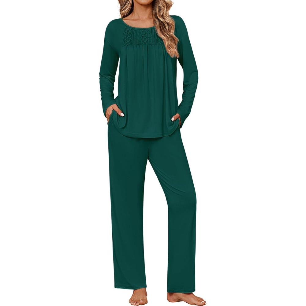 imageEkouaer Womens Pajama Sets Fall Long Sleeve Pajamas for Women Trendy Pleated Pjs Sets Comfy 2 Piece Lounge Set with PocketsGreen