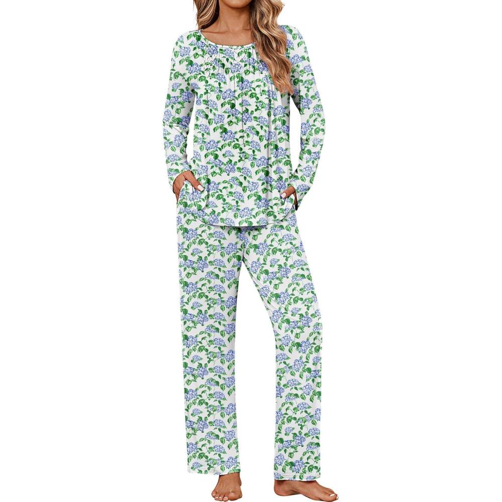 imageEkouaer Womens Pajama Sets Fall Long Sleeve Pajamas for Women Trendy Pleated Pjs Sets Comfy 2 Piece Lounge Set with PocketsGreen Flower