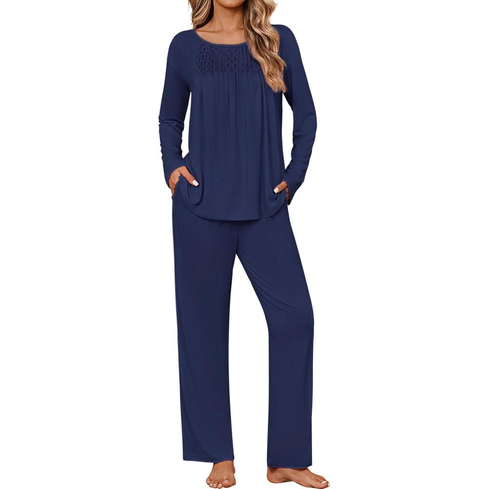 imageEkouaer Womens Pajama Sets Fall Long Sleeve Pajamas for Women Trendy Pleated Pjs Sets Comfy 2 Piece Lounge Set with PocketsNavy Blue