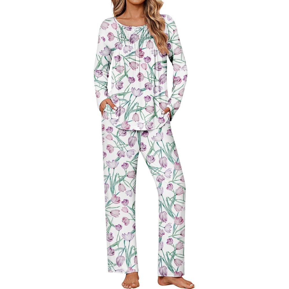 imageEkouaer Womens Pajama Sets Fall Long Sleeve Pajamas for Women Trendy Pleated Pjs Sets Comfy 2 Piece Lounge Set with PocketsPurple Flower