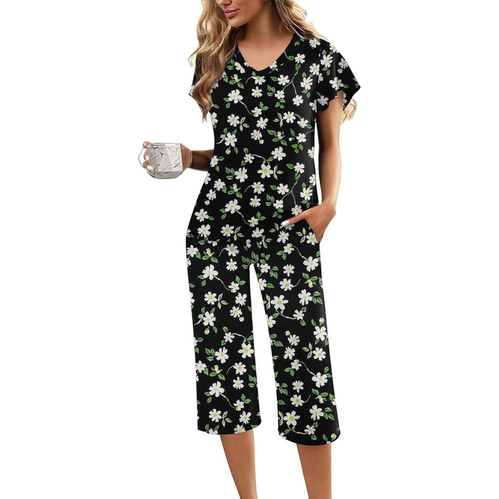imageEkouaer Womens Pajama Sets Ruffle Short Sleeve Sleepwear Top and Capri Pants Pjs Set Comfy 2 Piece Lounge Set SXXLFloral Black Daisy