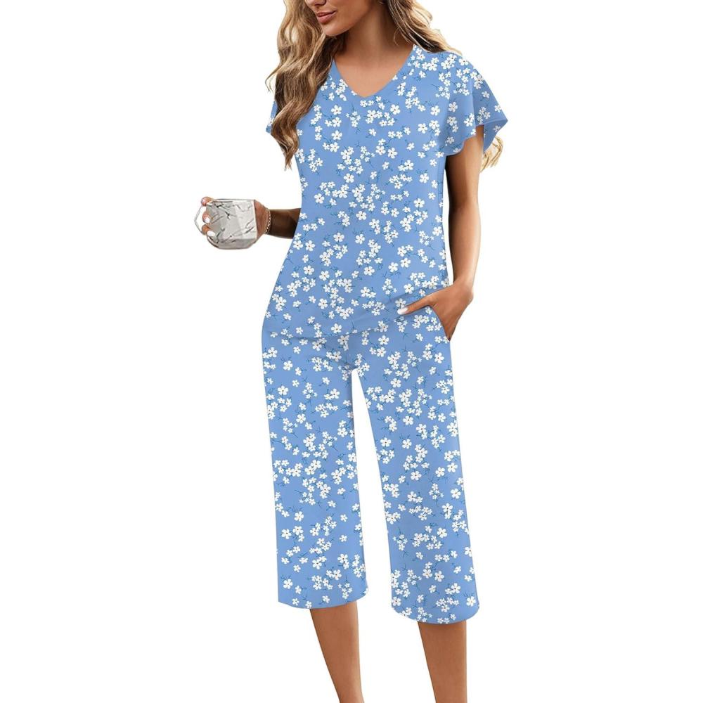 imageEkouaer Womens Pajama Sets Ruffle Short Sleeve Sleepwear Top and Capri Pants Pjs Set Comfy 2 Piece Lounge Set SXXLFloral Blue White