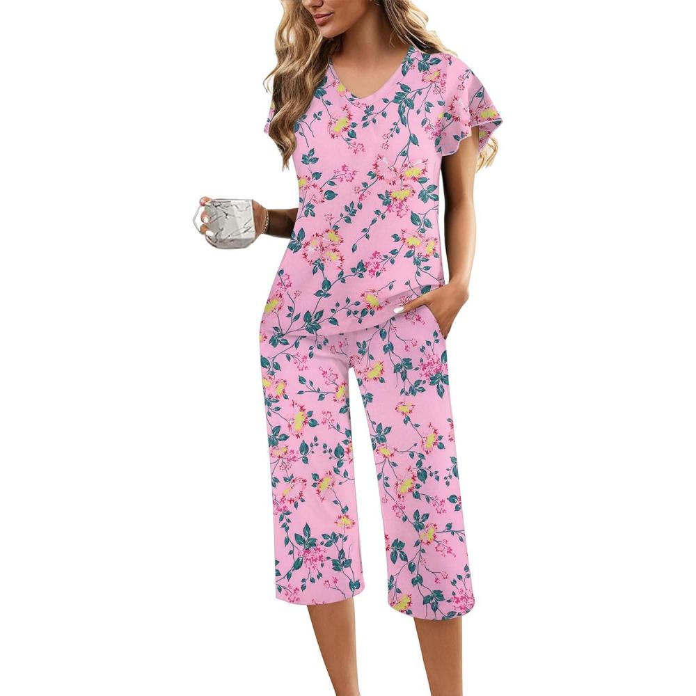 imageEkouaer Womens Pajama Sets Ruffle Short Sleeve Sleepwear Top and Capri Pants Pjs Set Comfy 2 Piece Lounge Set SXXLFloral Deep Pink