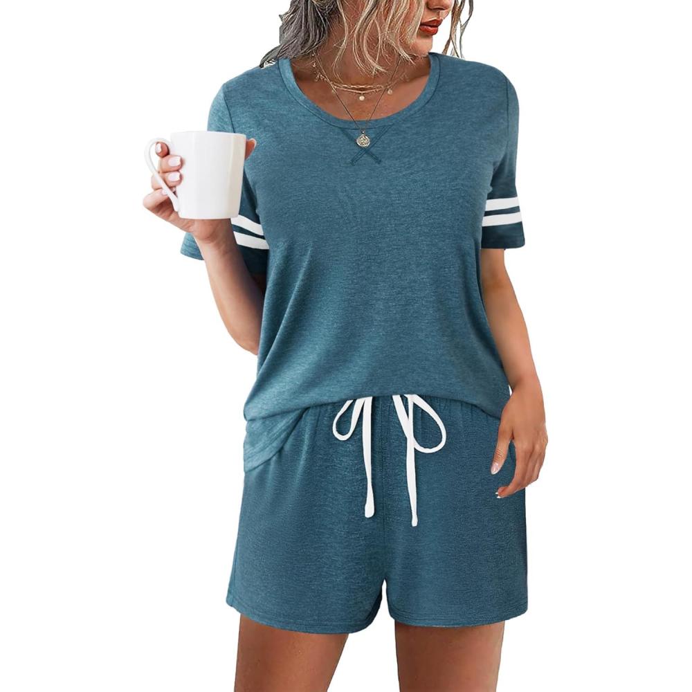 imageEkouaer Womens Pajama Sets Short Sleeve Short Sets 2 Piece Sleepwear Soft Lounge Sets with PocketSXXLBlue Green