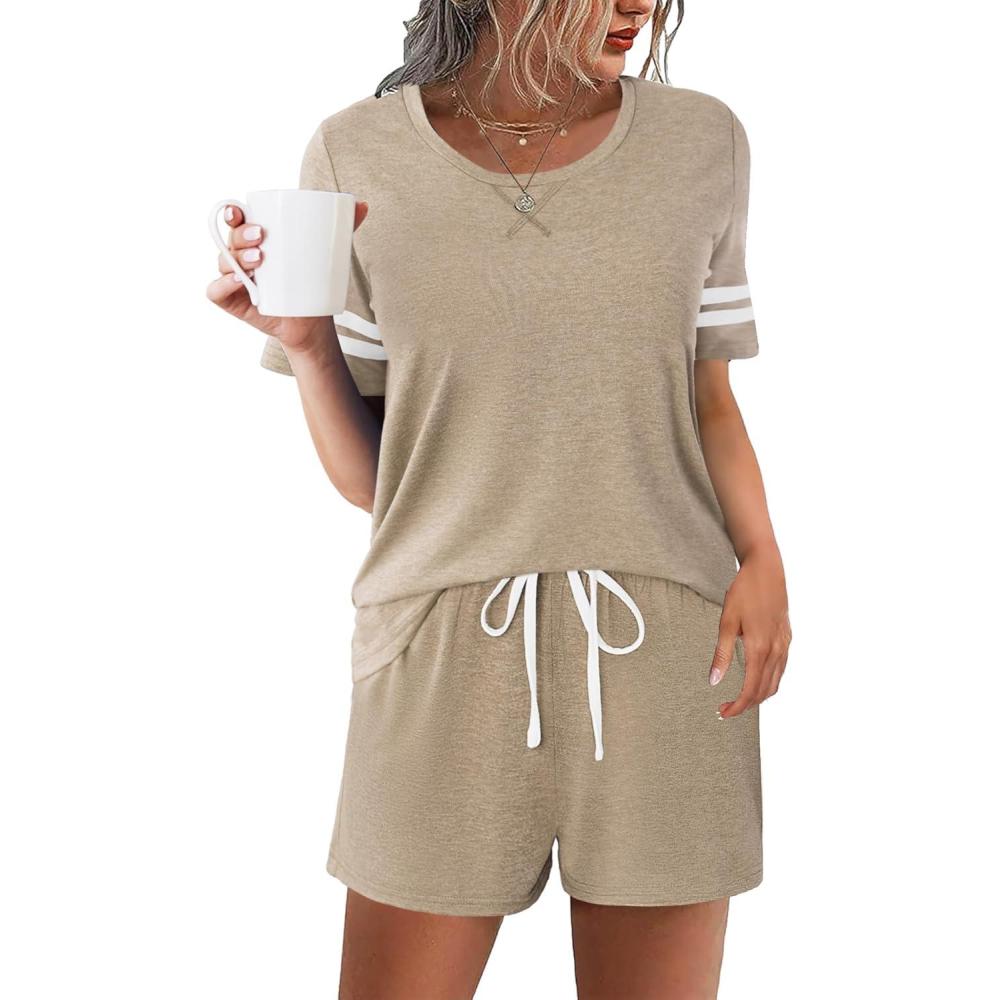 imageEkouaer Womens Pajama Sets Short Sleeve Short Sets 2 Piece Sleepwear Soft Lounge Sets with PocketSXXLKhaki