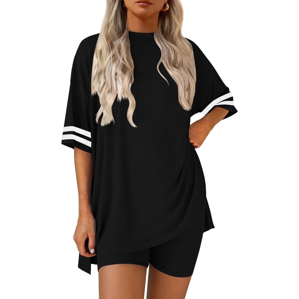 imageEkouaer Womens Pajamas 2 Piece Lounge Set Casual Oversized Short Sleeve Tops Biker Shorts Set Comfy Pjs Outfits SXXLBlack