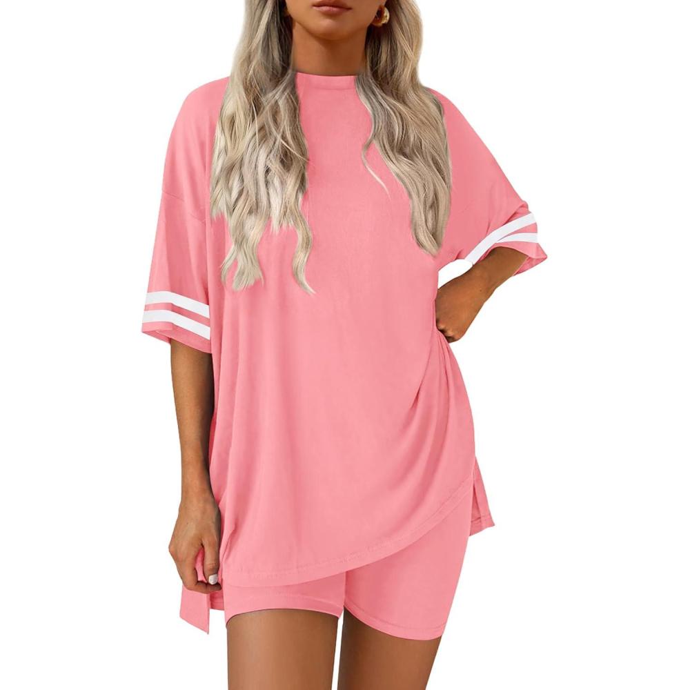 imageEkouaer Womens Pajamas 2 Piece Lounge Set Casual Oversized Short Sleeve Tops Biker Shorts Set Comfy Pjs Outfits SXXLOrange Pink