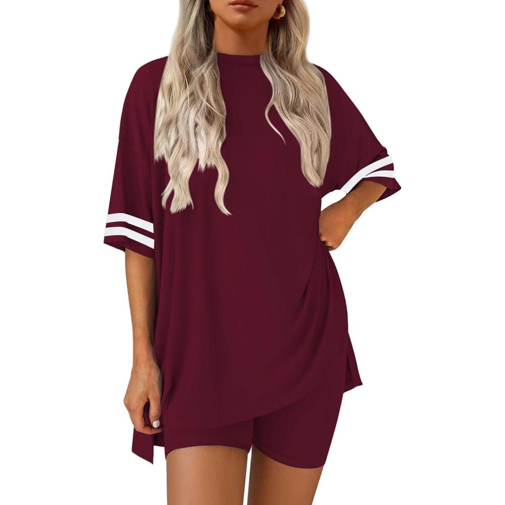 imageEkouaer Womens Pajamas 2 Piece Lounge Set Casual Oversized Short Sleeve Tops Biker Shorts Set Comfy Pjs Outfits SXXLWine