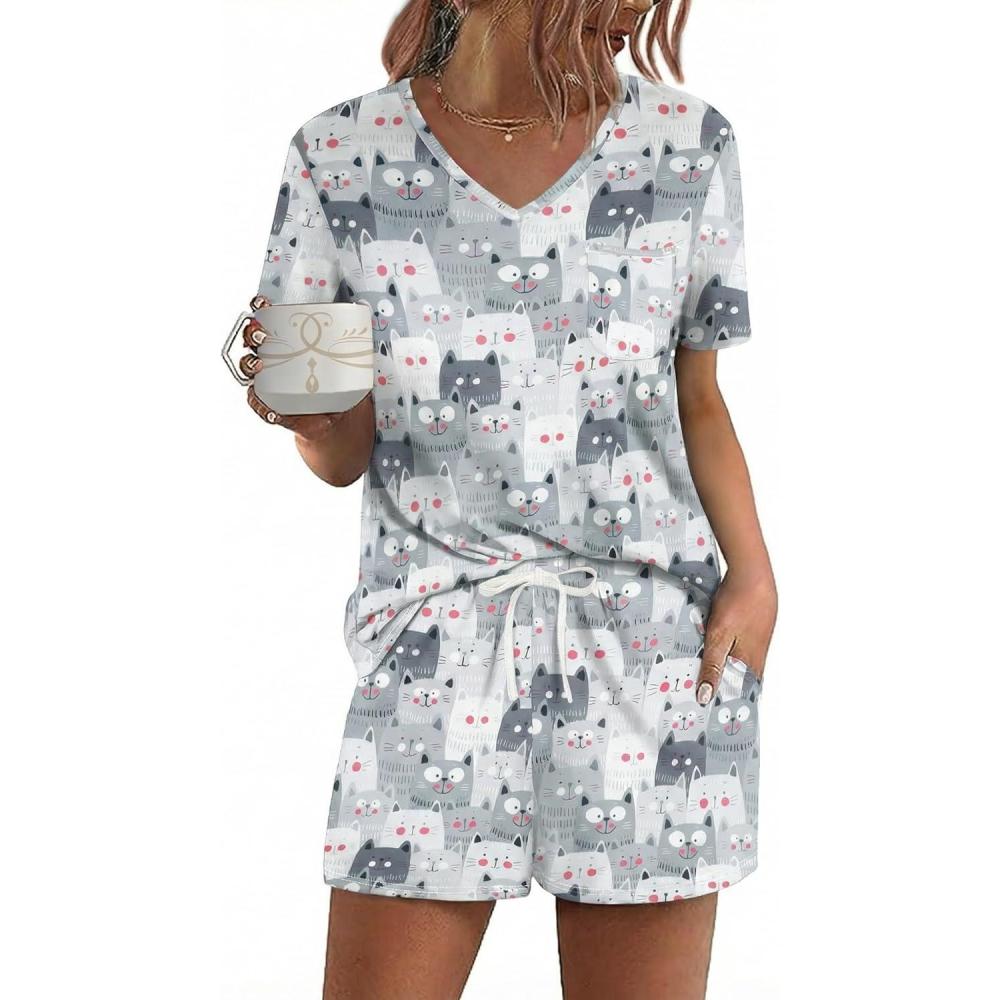 imageEkouaer Womens Pajamas Sets Short Sleeve Lounge Sets Sleepwear Casual Two Piece Pjs With PocketsGrey Cat