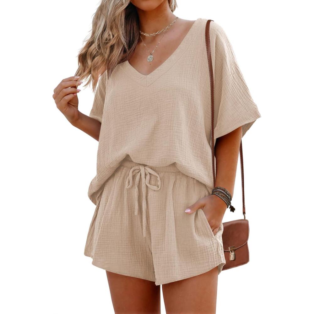 imageEkouaer Womens V Neck Lounge Sets Beach Cover Up Shirt and Shorts 2 Piece Outfits Loungewear Pajama with Pockets KhakiL
