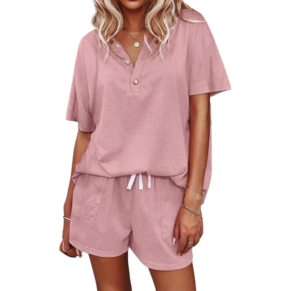 imageEkouaer Womens Waffle Knit Pajamas Set Short Sleeve Top with Shorts Matching Lounge Sets Loungewear Sweatsuit with Pockets