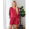 Ekouaer Pajama Set for Women Waffle Knit Lounge Sets Long Sleeve Top and Shorts Sleepwear Matching Loungewear S-XXL(Red)