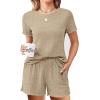 Ekouaer Pajamas Sets for Women Ribbed Knit Sleepwear Set Soft Short Sleeve Pjs with Pockets Casual Lounge Sets with Pockets(Beige)
