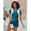 Ekouaer Women’s Classic Button Down Ruffle Sleeves Short Satin Silk Pajama Set(Deep Blue)