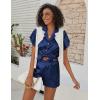 Ekouaer Women’s Classic Button Down Ruffle Sleeves Short Satin Silk Pajama Set(Navy Blue)