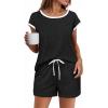 Ekouaer Womens Pajamas Set 2 Piece Short Sleeves PJs O Neck Tops and Drawstring Waist Shorts Soft Lounge Set(Black)