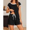 Ekouaer Womens Pajamas Set 2 Piece Short Sleeves PJs O Neck Tops and Drawstring Waist Shorts Soft Lounge Set(Black)