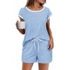 Ekouaer Womens Pajamas Set 2 Piece Short Sleeves PJs O Neck Tops and Drawstring Waist Shorts Soft Lounge Set(Light Blue)